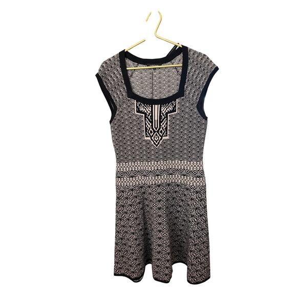 Nanette Lepore No Regrets Dress Black Ivory Geometric Knit Scoop Neck Sz L NWT - Picture 2 of 10